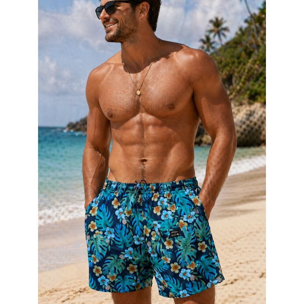 Ocean Current Tropical Swim Trunks Men’s XL | Blue Floral Hawaiian Board Shorts
